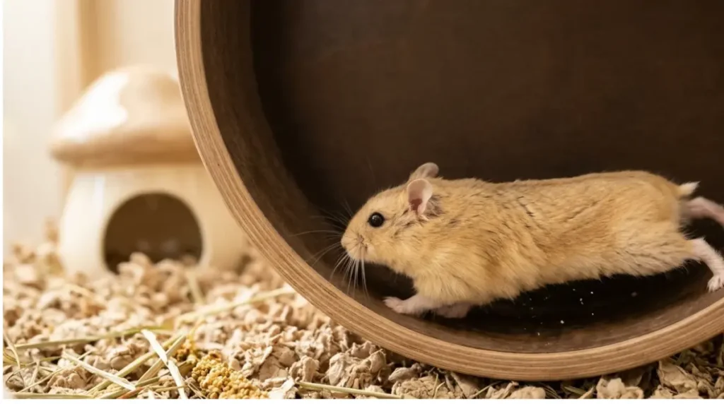 Roborovski Dwarf hamster running with a straight back in a solid exercise wheel