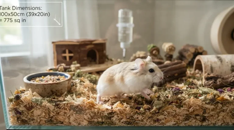 Roborovski hamster in proper Hamster Cage with 100x50cm floor space meeting 775 square inch minimum requirement with deep bedding