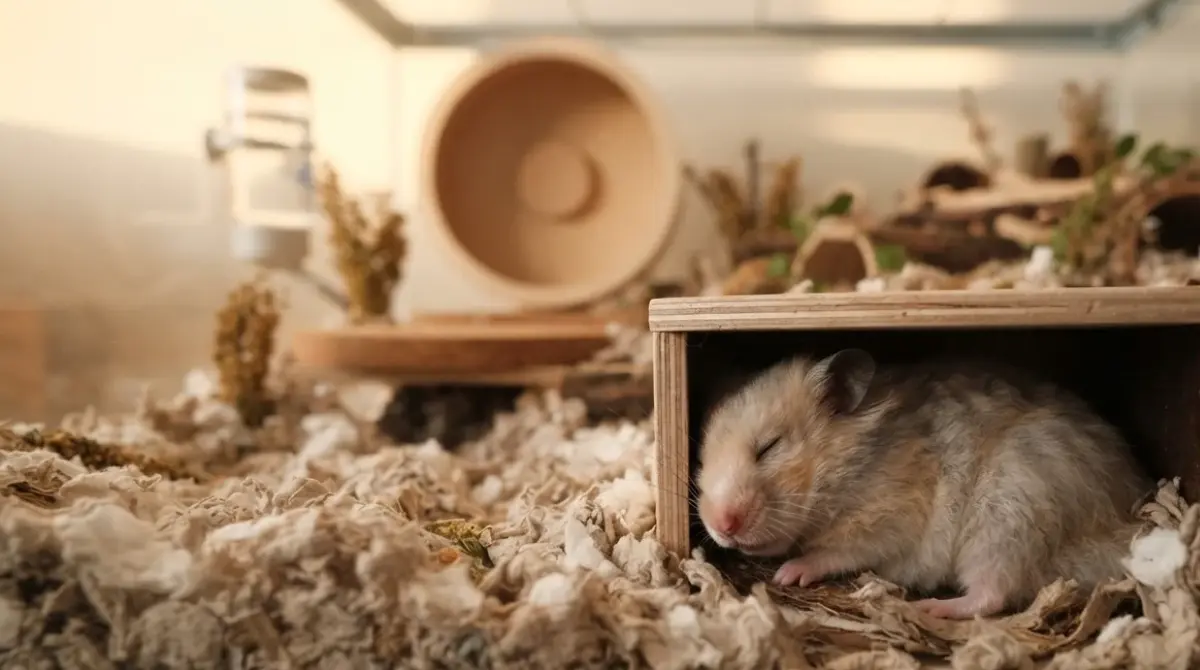 Senior Hamster resting peacefully in deep bedding nest inside spacious cage