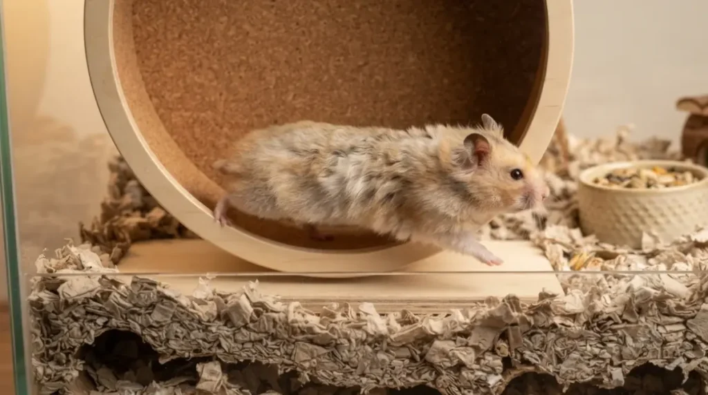 Senior Hamster using correctly sized 30cm solid wheel with 25cm deep bedding for burrowing