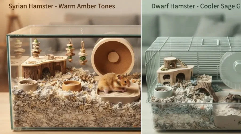 Syrian and dwarf hamster side by side in separate Hamster Cage setups showing cleaning differences
