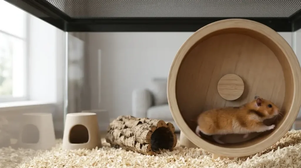 A Syrian hamster running in a 12 inch solid wheel inside a 40 gallon breeder glass tank, showing limited vertical clearance above deep bedding.