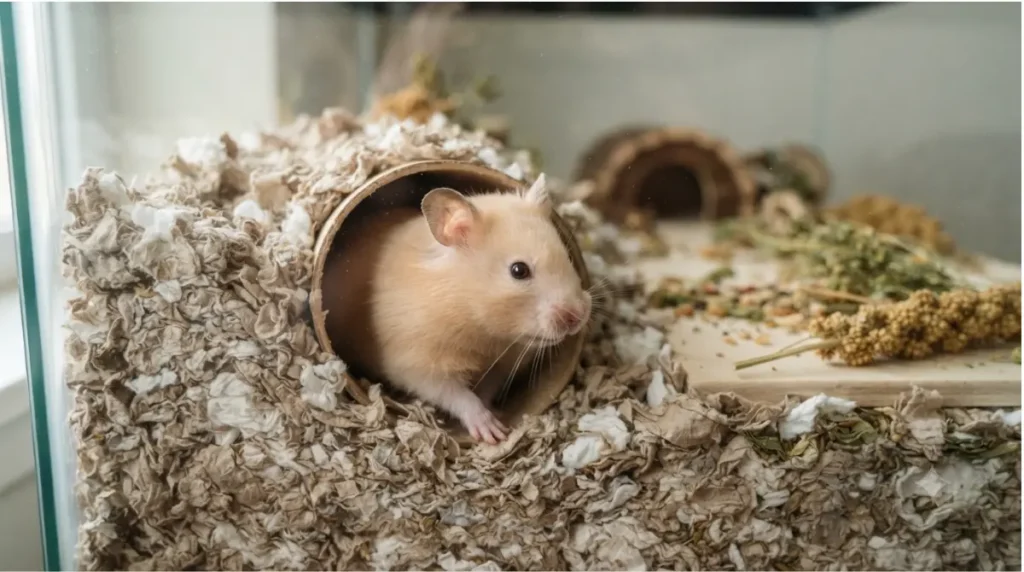 Syrian hamster emerging from a tunnel in deep paper bedding inside a spacious Cage