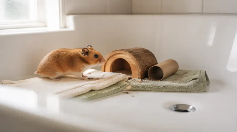 Syrian hamster exploring a towel-lined dry bathtub with a wooden hide, a safer alternative to a hamster ball