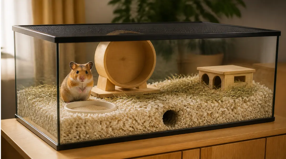 Syrian hamster in a large glass tank used as a hamster cage, with deep paper bedding and a solid running wheel