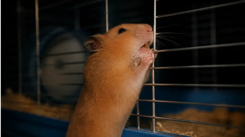 Syrian hamster on its hind legs gnawing the bars of a small wire hamster cage at night