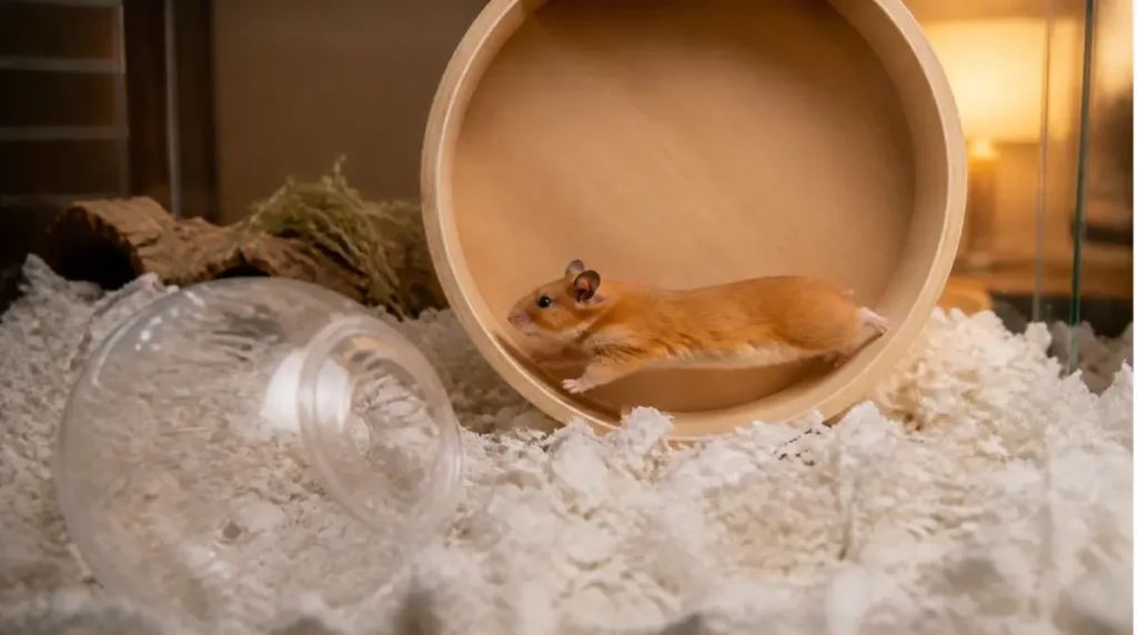 Syrian hamster running flat-backed on a large solid wheel beside a much smaller empty clear hamster ball