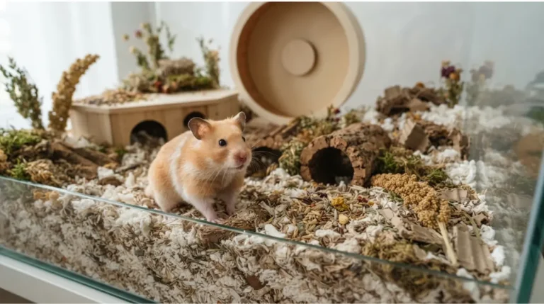 Healthy Syrian hamster exploring a spacious Cage with deep paper bedding, a large solid wheel and wooden hides