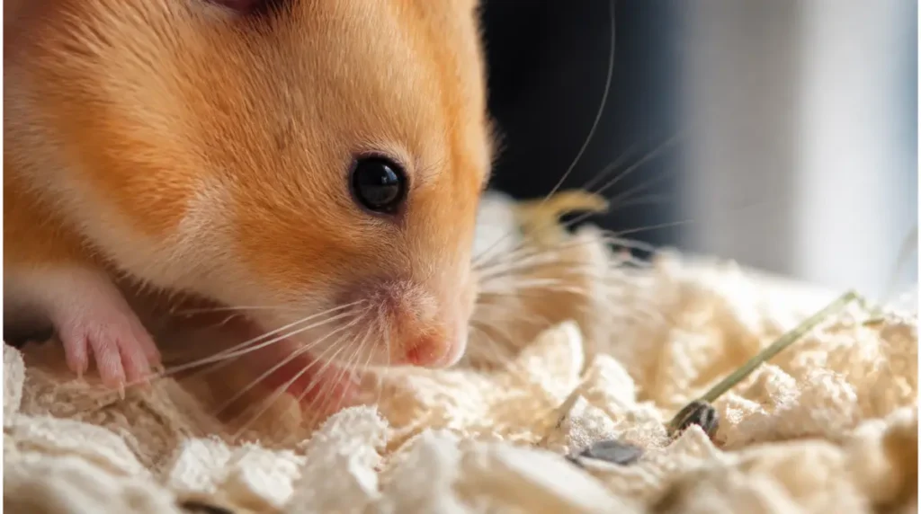 Close-up of a Syrian hamster’s whiskers and nose sniffing paper bedding, the senses a sealed ball restricts