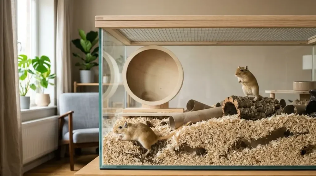 A 100 cm Gerbil Tank with deep bedding and two Mongolian gerbils in a small home
