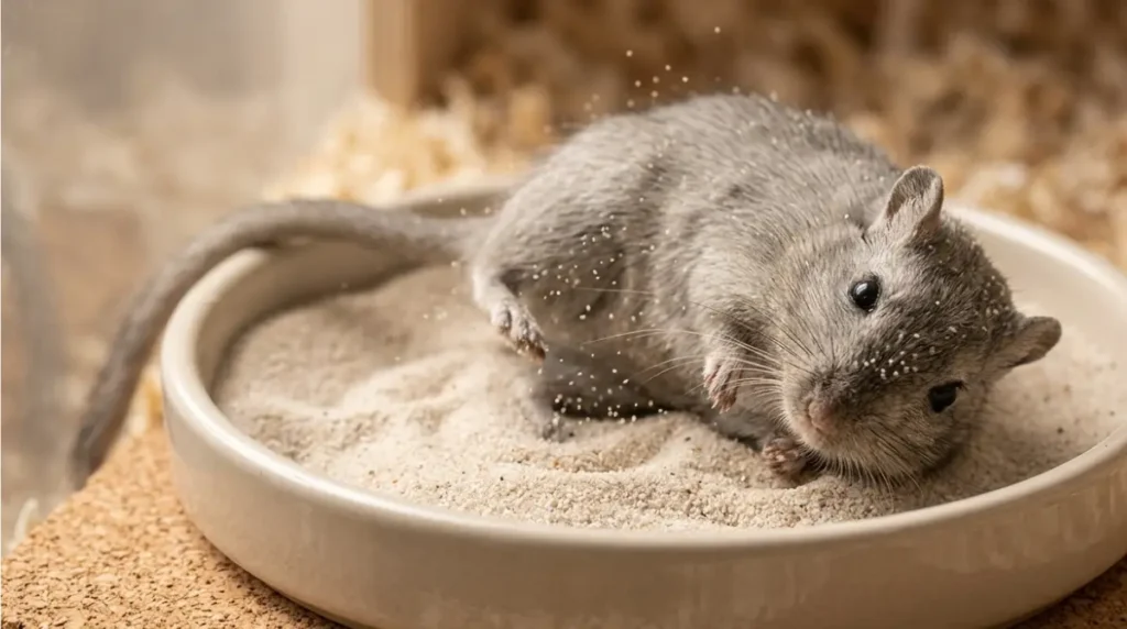 Mongolian gerbil rolling in a shallow Gerbil Sand Bath filled with clean pet-safe sand