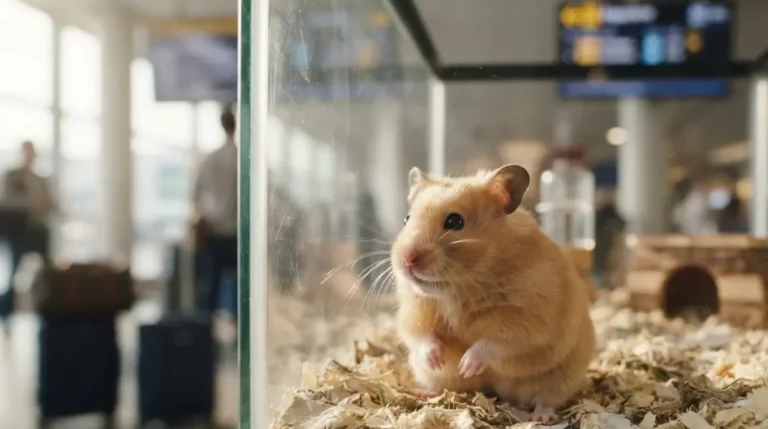 Are Hamsters Legal in Australia: golden Syrian hamster in a secure enclosure beside blurred travel documents