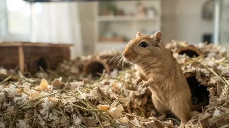 Best Gerbil Bedding: Mongolian gerbil in a glass tank with deep paper bedding, hay, cardboard, and visible burrow entrances
