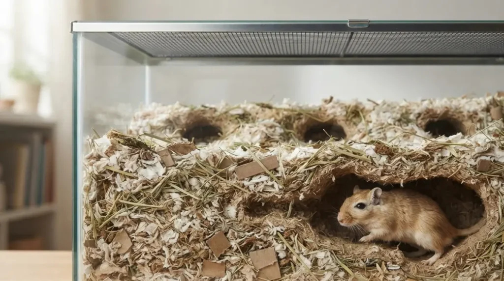 Best Gerbil Bedding at the recommended depth, with a Mongolian gerbil visible inside a tunnel in a glass tank