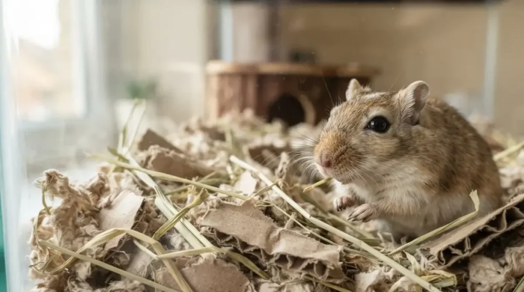 Best Gerbil Bedding with a Mongolian gerbil exploring paper bedding, hay, and shredded cardboard