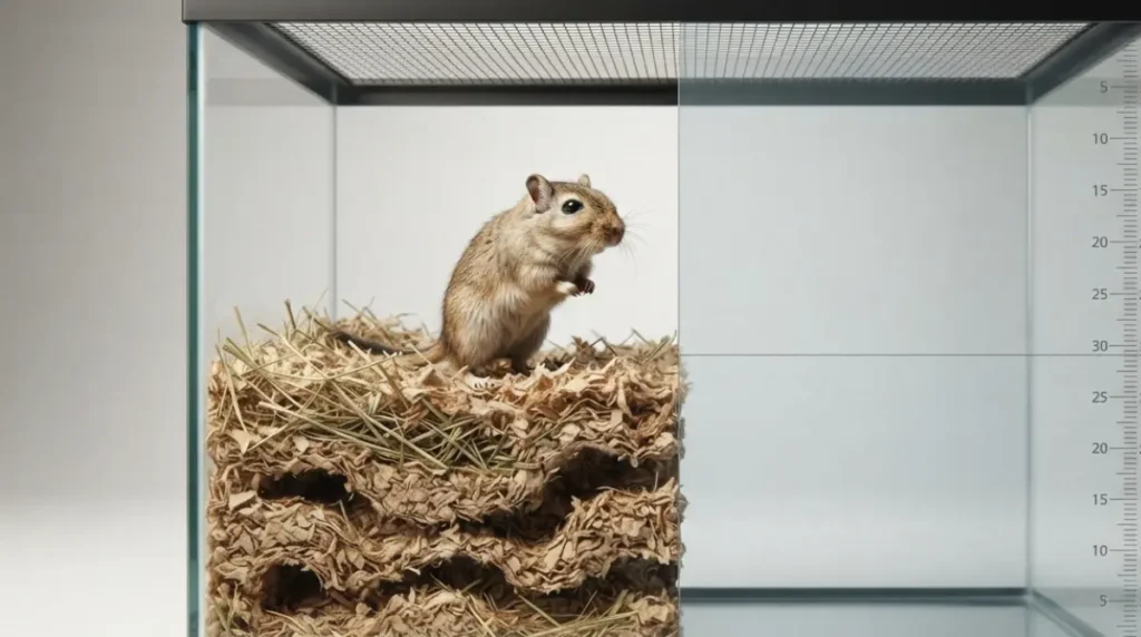 Best Gerbil Cage bedding depth visual showing 25 cm substrate and remaining headroom for standing gerbils