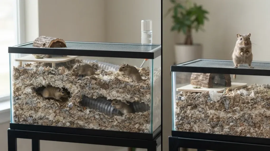 Best Gerbil Cage options compared: 75-gallon vs 40-gallon breeder glass tanks with correct bedding depth
