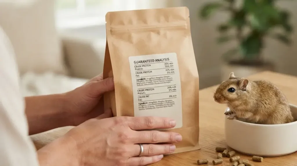 Best Gerbil Food label check: person reading protein and fat percentages on a gerbil food bag beside a gerbil