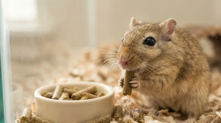 Best Gerbil Food: Mongolian gerbil holding a brown pellet beside a ceramic bowl of gerbil food