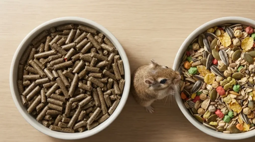 Best Gerbil Food comparison: uniform brown pellets beside a colorful hamster and gerbil seed mix