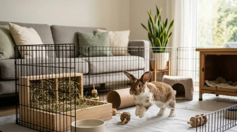 Best Rabbit Hutch setup showing a wooden hutch used as a bedroom with its door open into a large indoor exercise pen.