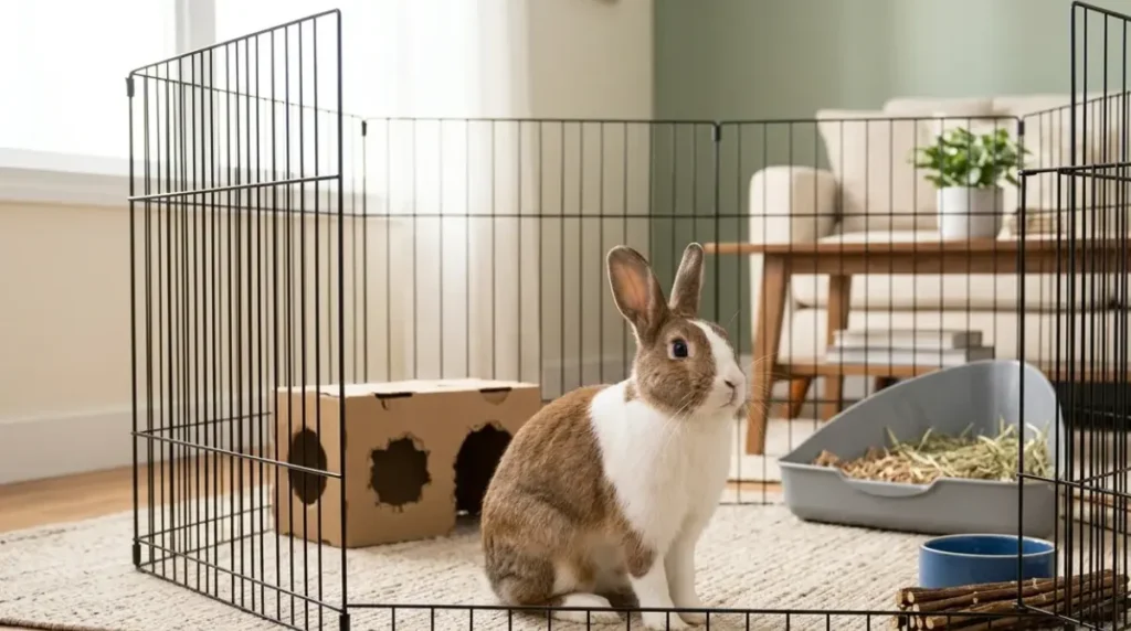 Best Rabbit Pen: a brown and white rabbit inside a tall 36-inch black metal exercise pen with litter box, hay, hideaway, and washable rug in a bright living room