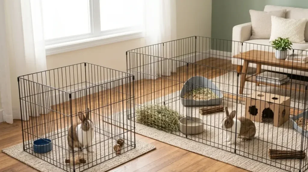 Best Rabbit Pen size comparison showing a small 4x4 foot rabbit pen beside a larger 10x6 foot continuous rabbit enclosure