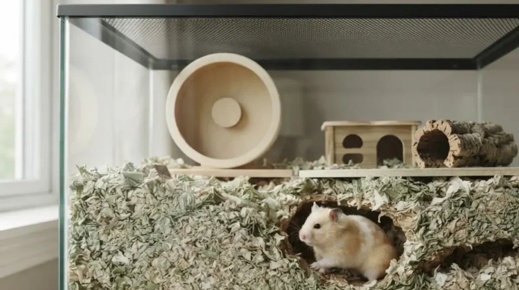 Best Type of Hamster Cage with a glass tank, deep bedding, hamster burrow and ventilated mesh lid