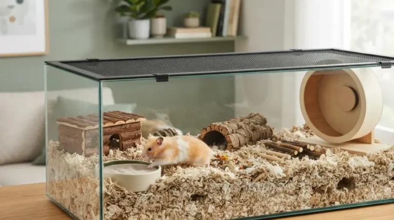 Best Type of Hamster Cage: large glass tank with deep bedding, solid wheel and secure mesh lid