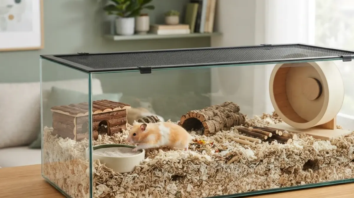Best Type of Hamster Cage: large glass tank with deep bedding, solid wheel and secure mesh lid