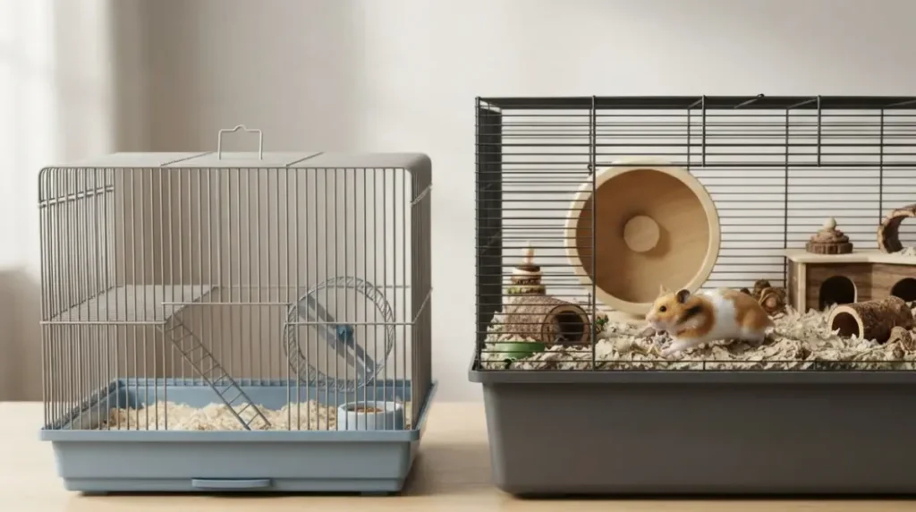 Best Type of Hamster Cage comparison showing a shallow wire cage and a large cage with deep bedding