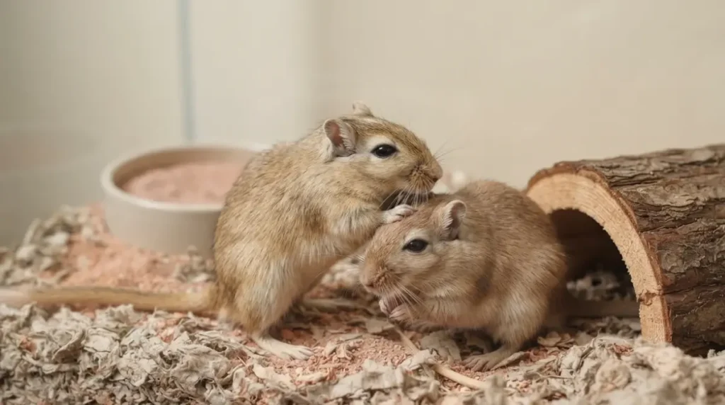 Can Gerbils Live Alone: Two Mongolian gerbils grooming each other