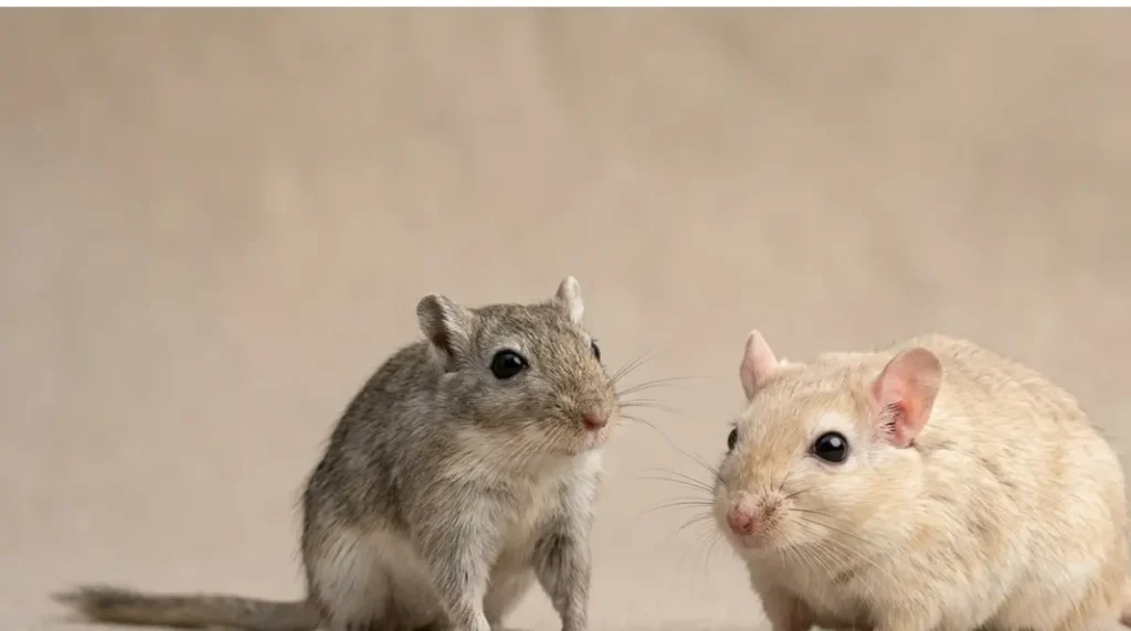 Fat-tailed gerbil with a short thick tail beside a Mongolian gerbil with a long thin tail
