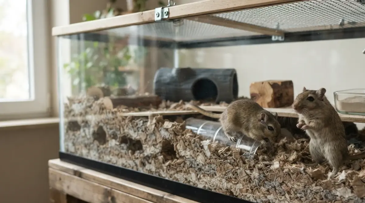 Best Gerbil Cage setup showing two Mongolian gerbils in a glass tank with secure mesh lid and deep bedding