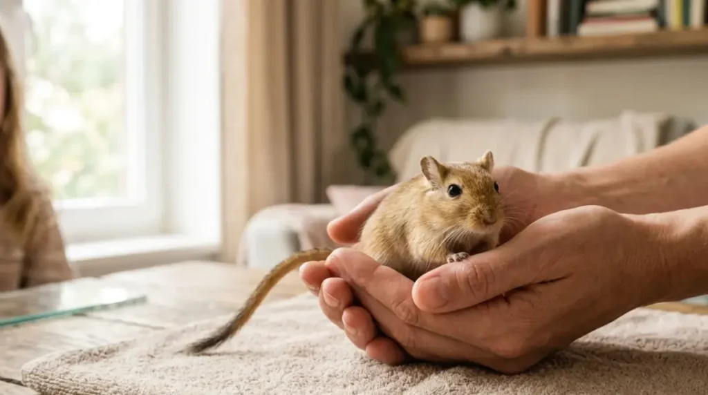 Gerbil as a Gift: adult safely scooping a calm Mongolian gerbil with cupped hands over a soft towel