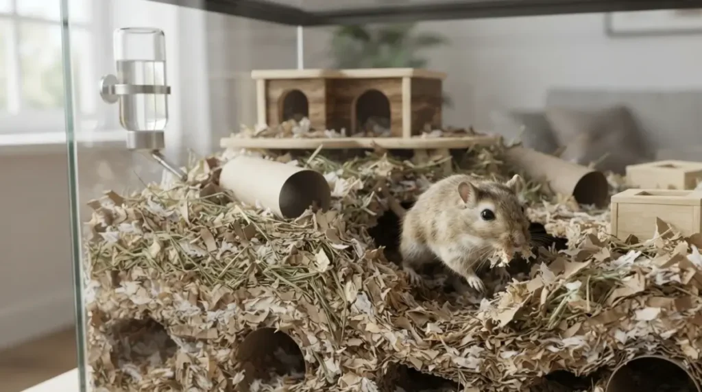 Mongolian gerbil digging in deep bedding instead of using a Gerbil Ball
