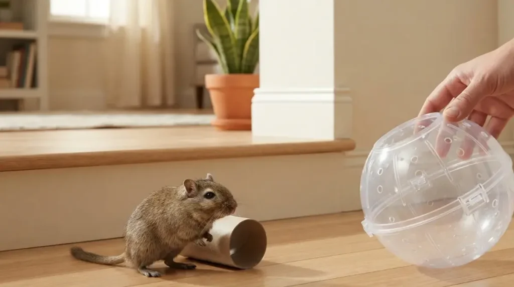 Unused Gerbil Ball near a room step while a healthy Mongolian gerbil remains safely outside