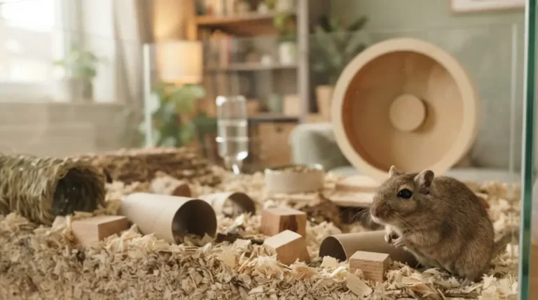 Healthy Mongolian gerbil beside an unused Gerbil Ball in a deep-bedding enclosure with a solid running wheel