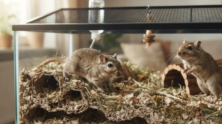 Gerbil Bedding Depth of 20–30 cm shown with two Mongolian gerbils in a tall glass gerbilarium