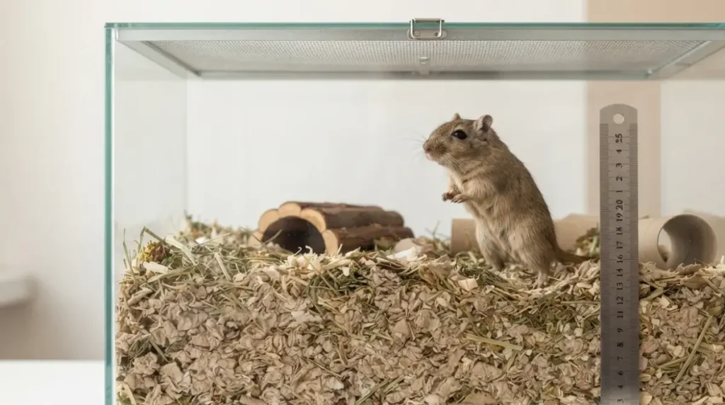 Gerbil Bedding Depth of approximately 20–30 cm inside a tall tank with clear standing headroom