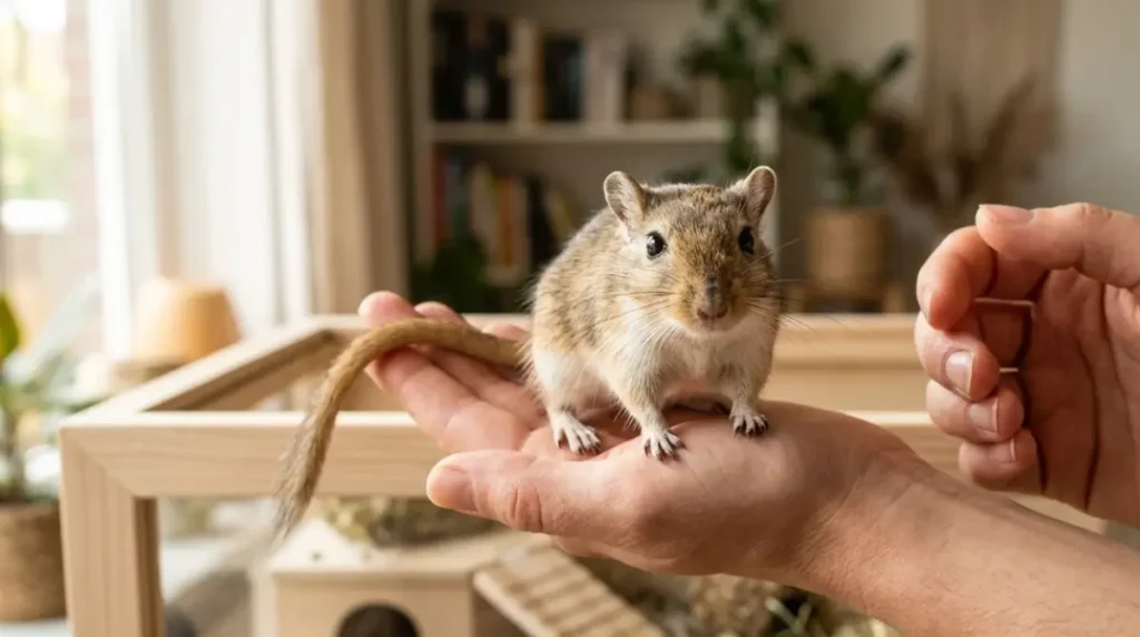 Gerbil Biting guide: a calm Mongolian gerbil standing on a person’s open hand above a gerbil tank