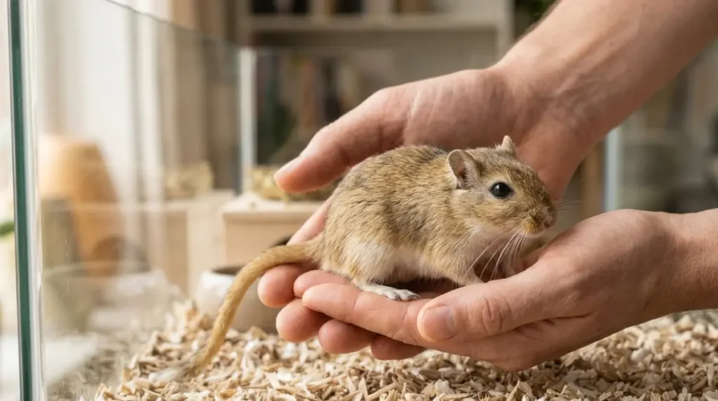 Gerbil Biting trigger: a cautious gerbil looking up at a hand entering its tank from above