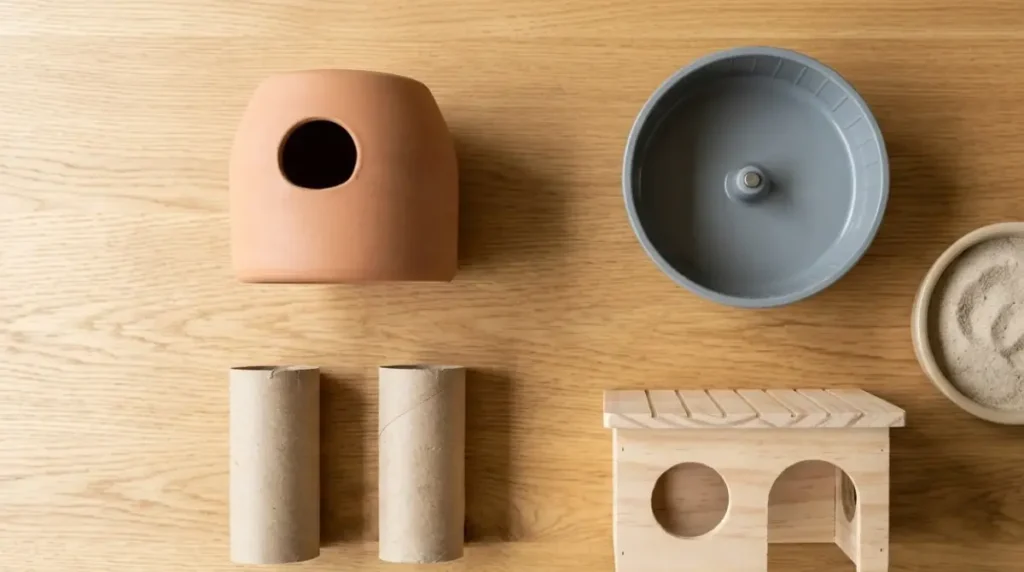 Gerbil habitat accessories for Gerbils including ceramic nest box, cardboard hides, sand bath, and solid-surface wheel