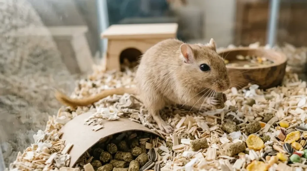 Gerbils eat scattered pellets and naturally hoard extra food in their bedding
