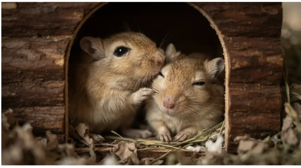 Two young gerbil littermates cuddling inside a wooden nest box within a secure glass tank environment