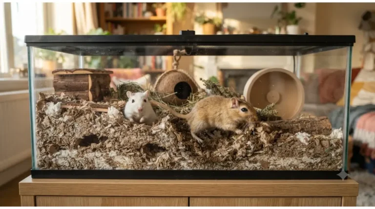 Two Mongolian gerbils burrowing in deep bedding inside a large glass tank with enrichment items