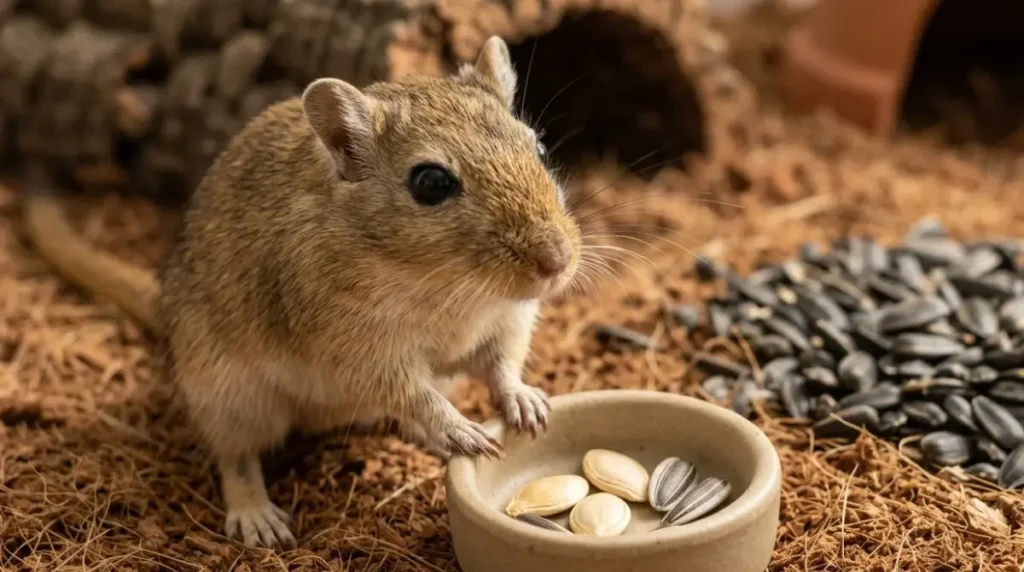 What Can Gerbils Eat: gerbil beside a tiny portion of pumpkin and sunflower seeds, with a larger pile of sunflower seeds blurred behind