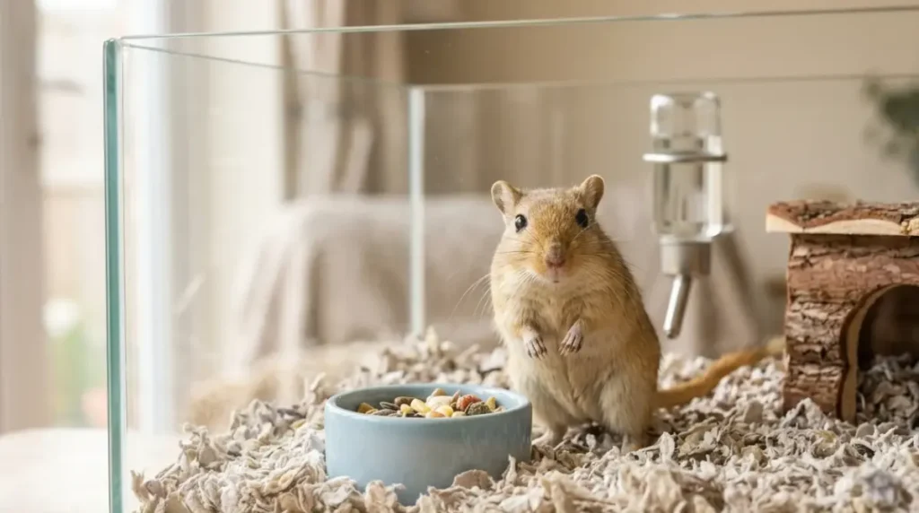 Mongolian gerbil in a clean tank during a daily check for Gerbil Symptoms