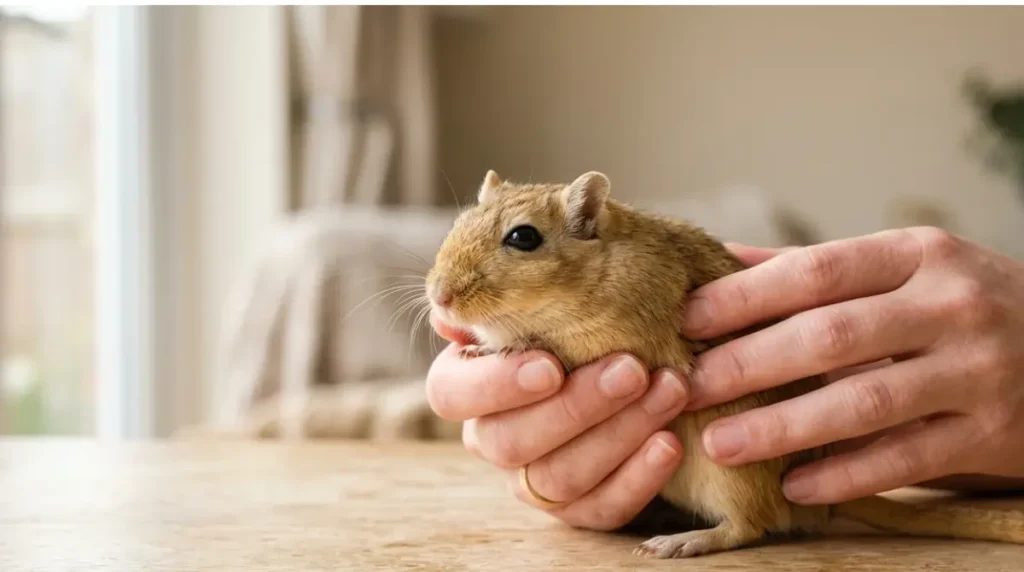 Owner gently checking a healthy Mongolian gerbil for early Gerbil Symptoms