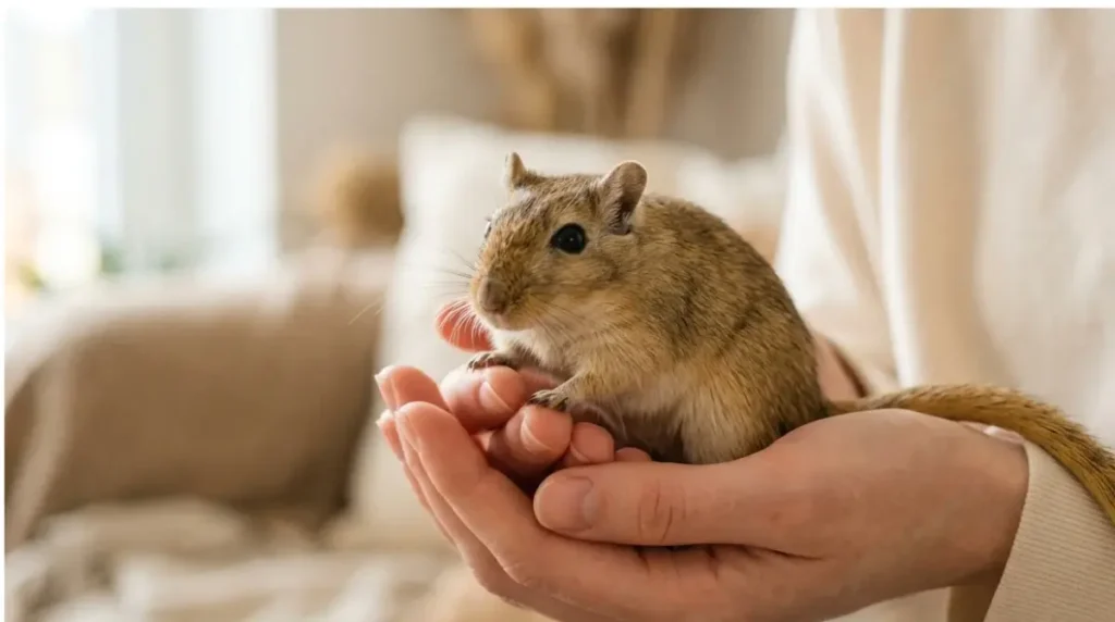 Owner gently holding a Mongolian gerbil in cupped hands to show safe handling during a suspected Gerbil Tail Slip injury